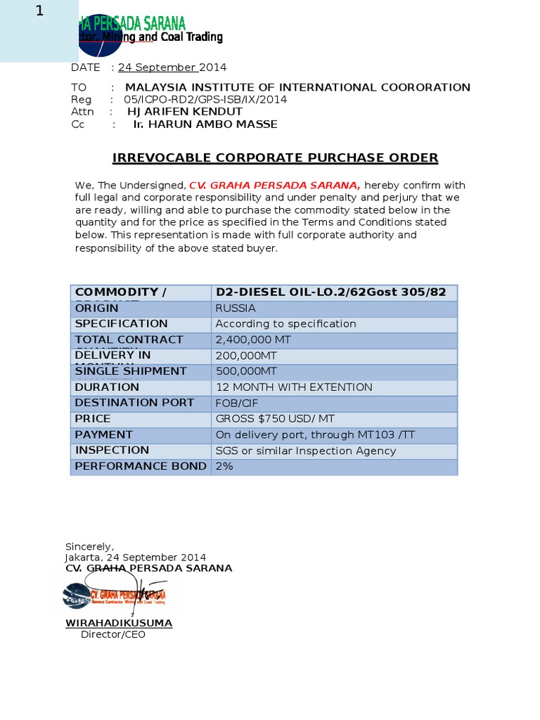 Corporate Purchase Order for Diesel Oil | PDF | Letter Of Credit ...