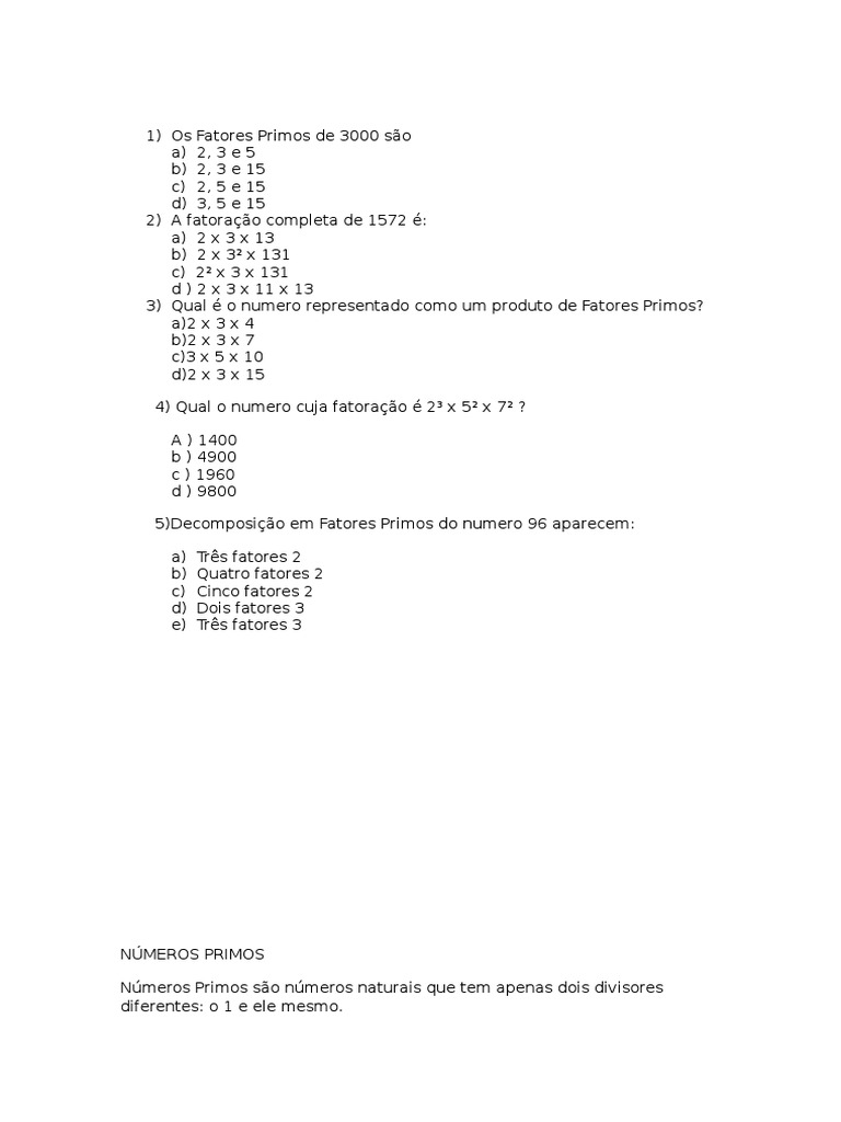 Exercícios de Decomposição em Fatores Primos | PDF | Número primo ...