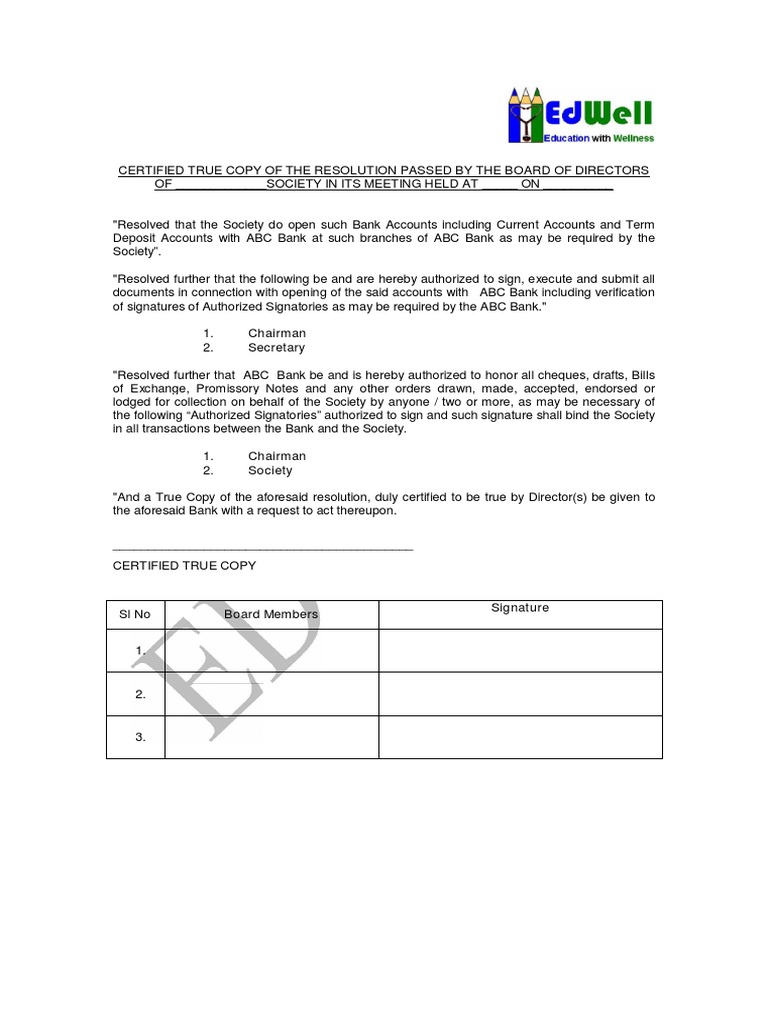 Board Resolution Format To Open New Bank Ac Ngo Board Of Directors Transaction Account
