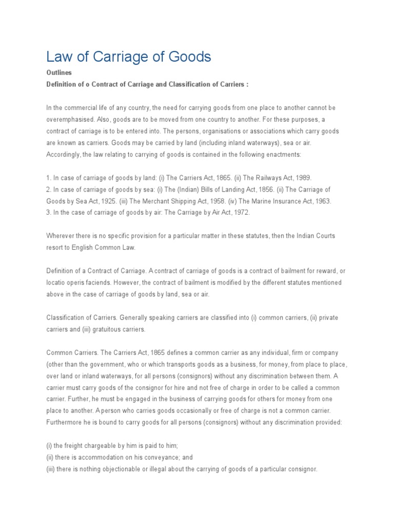 Law of Carriage of Goods PDF Bill Of Lading Common Carrier