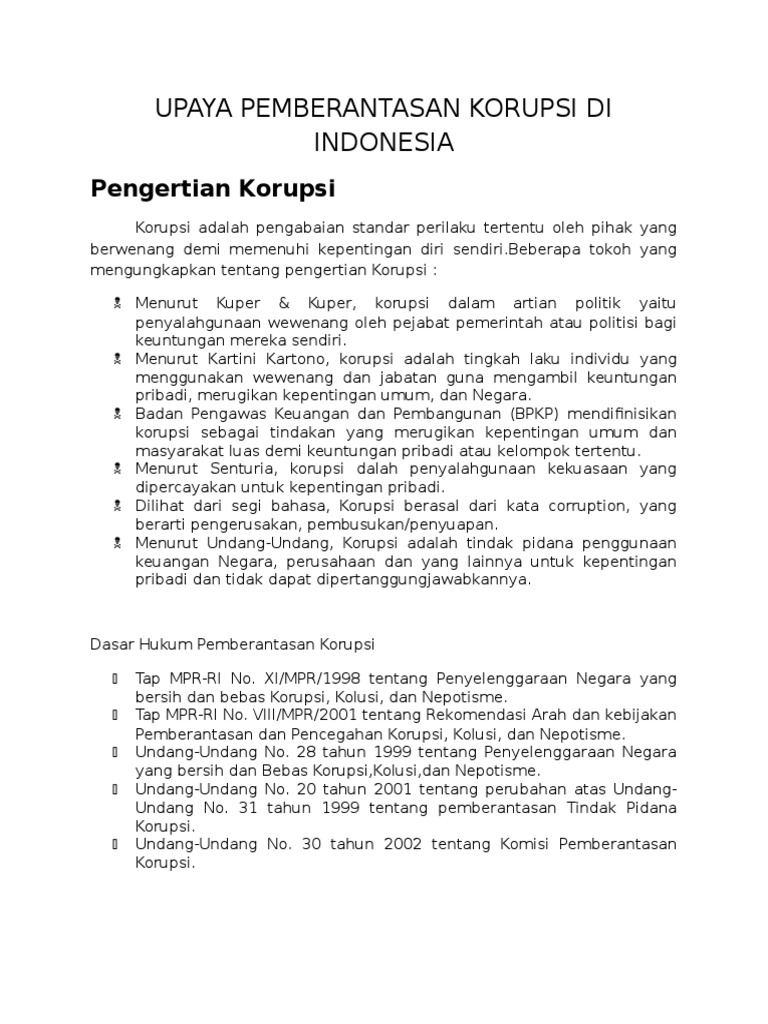 Upaya Pemberantasan Korupsi Di Indonesia