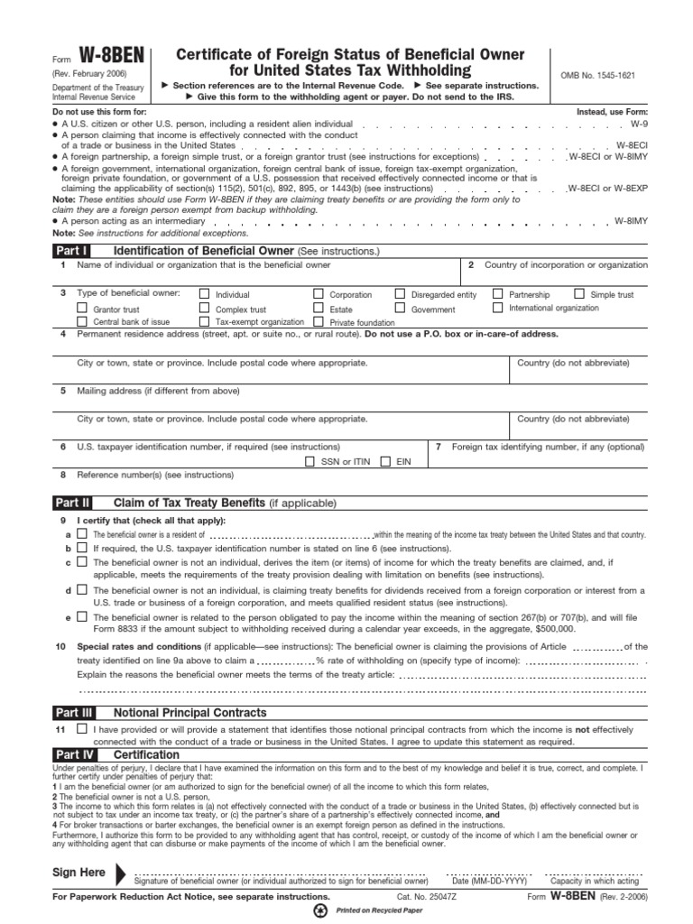 Form W-8BEN: Certificate of Foreign Status of Beneficial Owner for ...