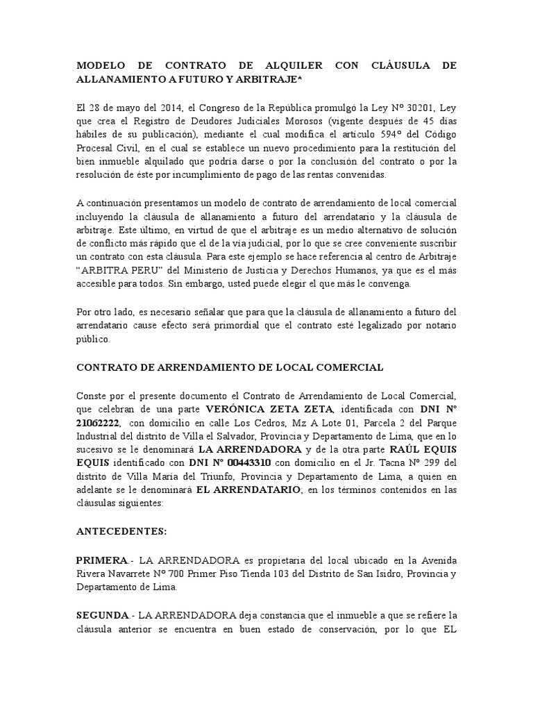Modelo de Contrato de Alquiler Con Cláusula de Allanamiento A Futuro y