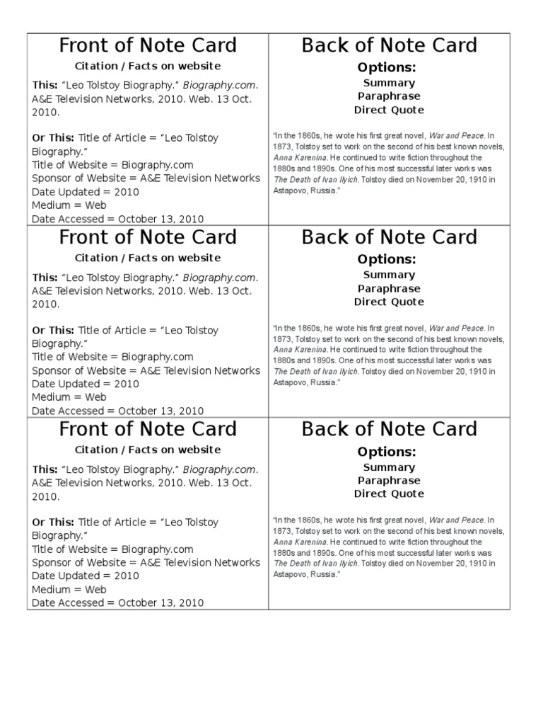 note card examples Leo Tolstoy War And Peace Free 30day Trial