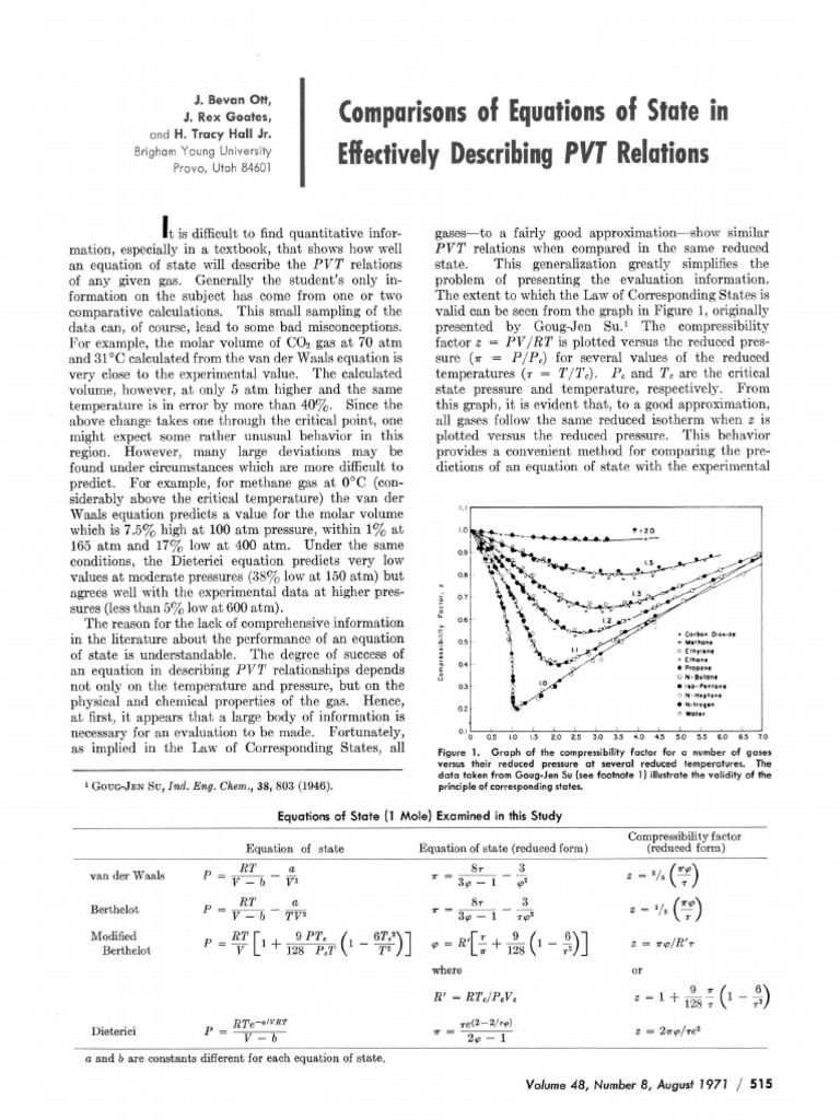 Comparisons Of Equations Of State In Effectively Describing Pvt Relations Gases Mathematical Physics