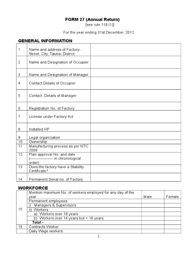 Form 27: Annual Return for Factories | PDF | Overtime | Occupational ...