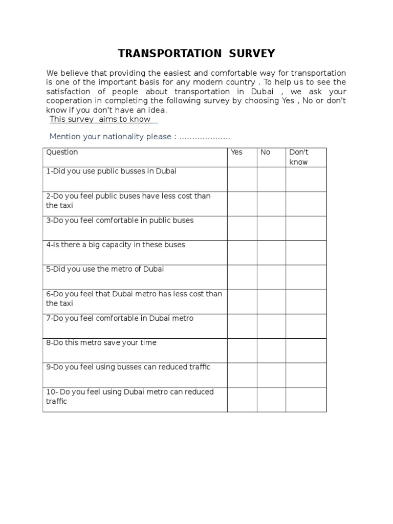 Transportation Survey Mention Your Nationality Please Pdf