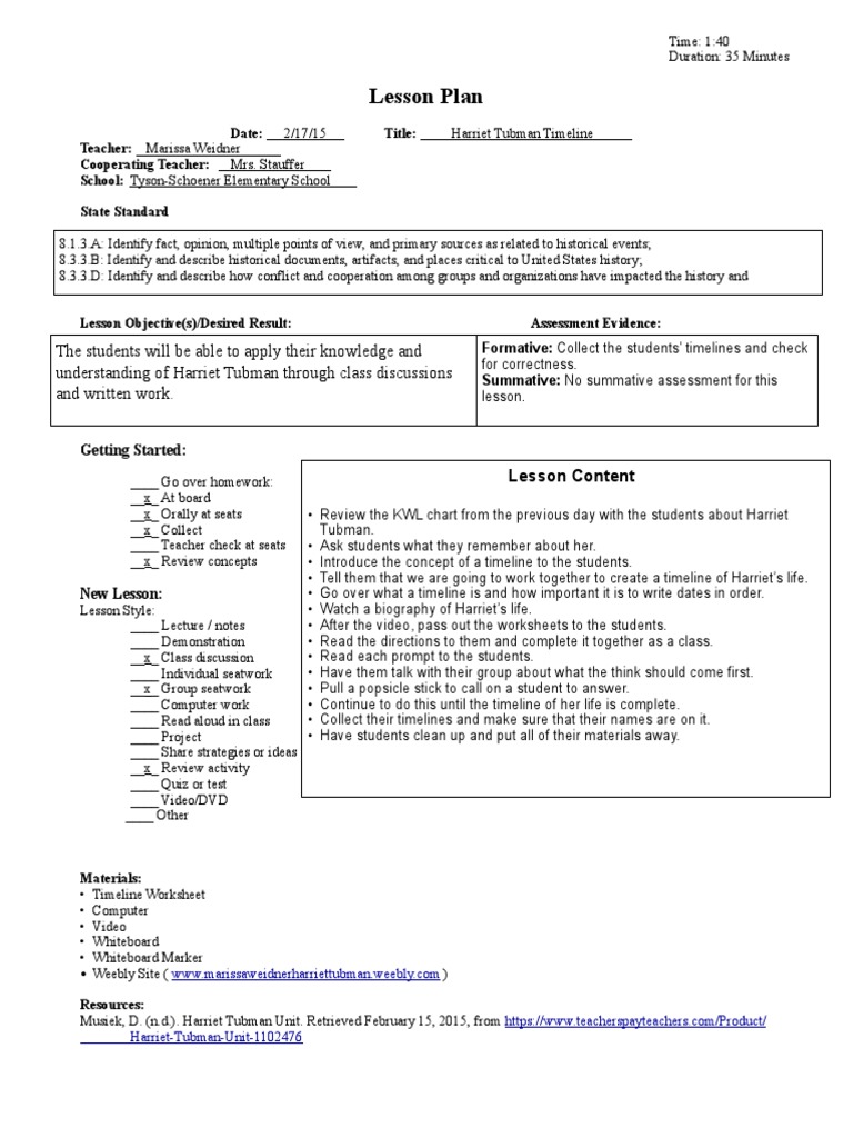 Worksheets Harriet Tubman Worksheets harriet tubman day 2 lesson educational assessment plan