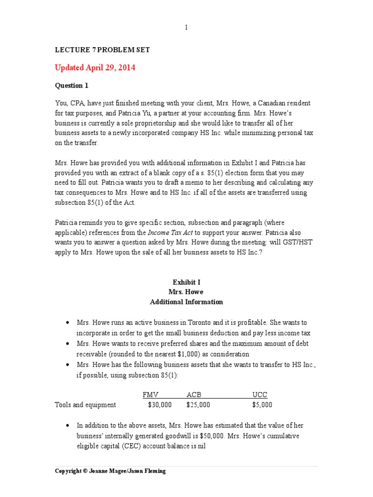 4562 Lecture 7 Problem Set | PDF | Goodwill (Accounting) | Taxes