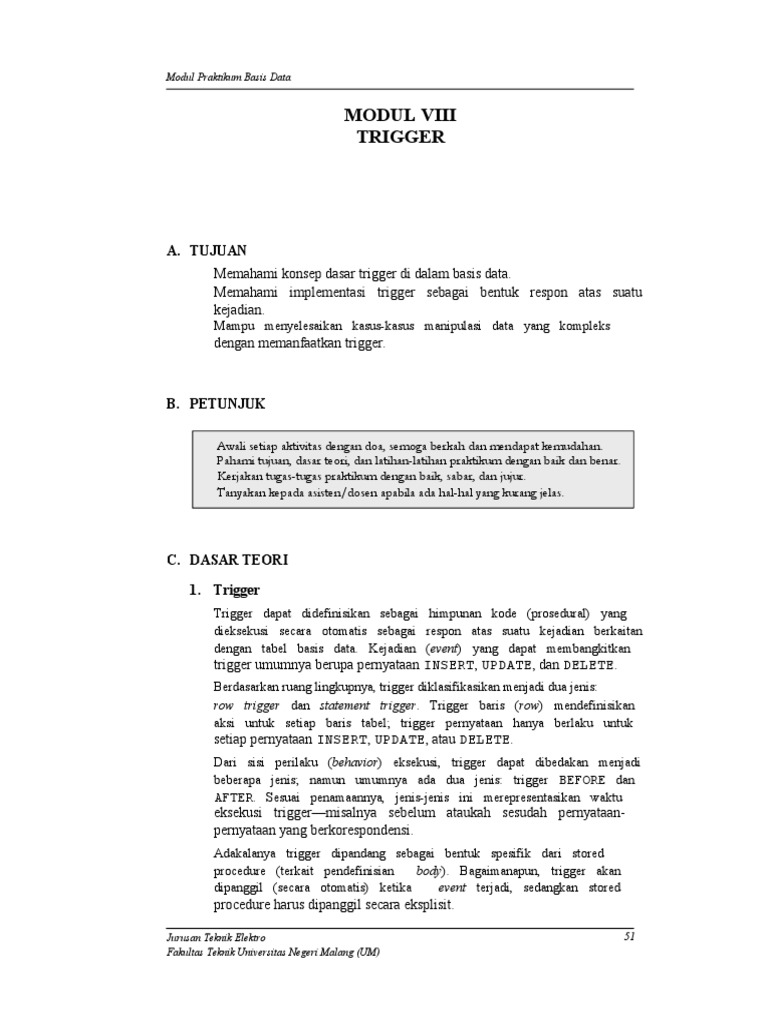Modul Praktikum Basis Data 8 Trigger | PDF | Metode & Bahan Ajar