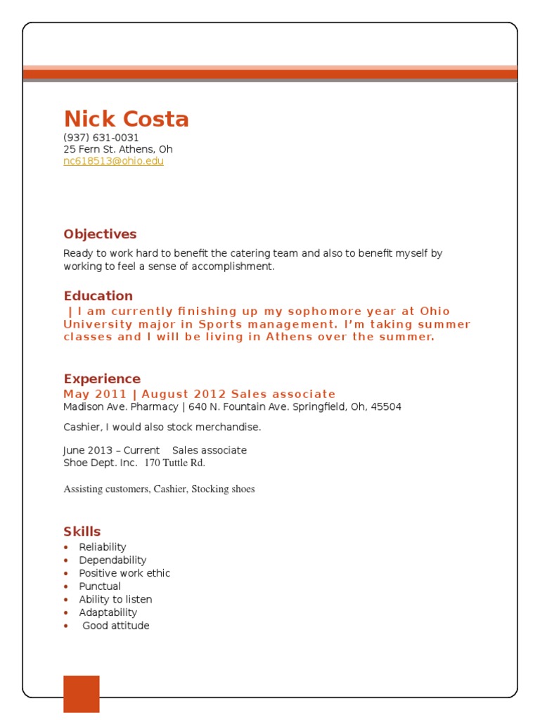 Nick Costa - Sports Management Student Resume | PDF