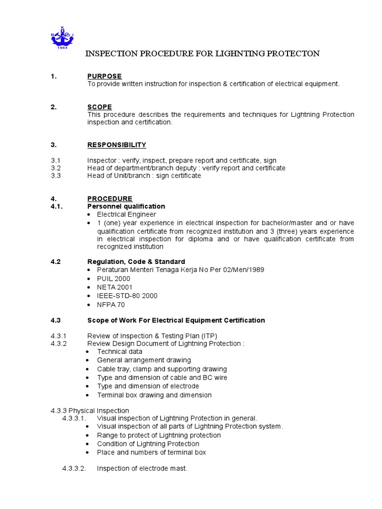 Lightning Protection Inspection Procedure | PDF | Engineering