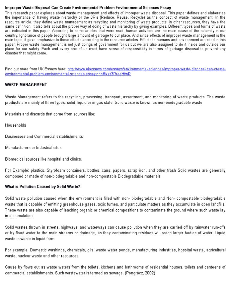 Improper Waste Disposal Can Create Environmental Problem Environmental