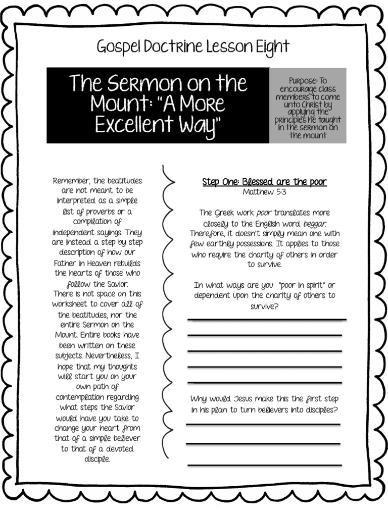 LDS Gospel Doctrine Worksheet New Testament Lesson #8 | Beatitudes ...