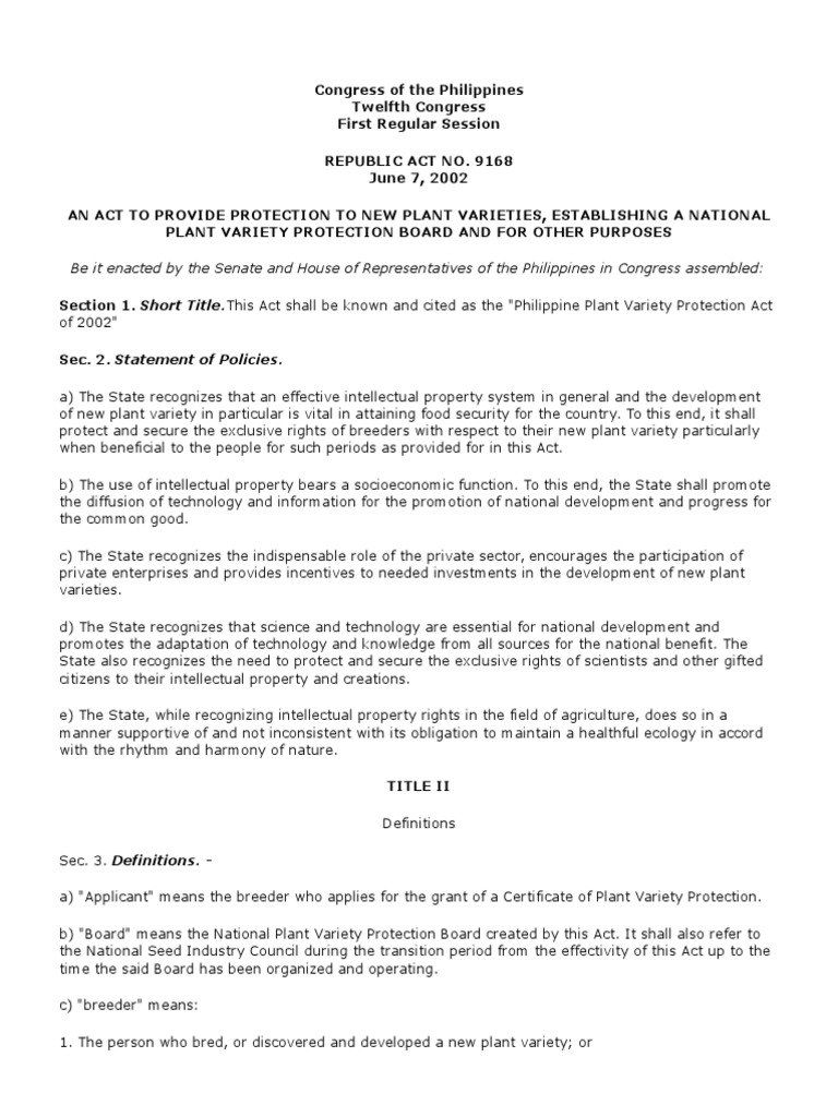 Plant Variety Protection Act of 2002 RA 9168 PDF Glossary Of