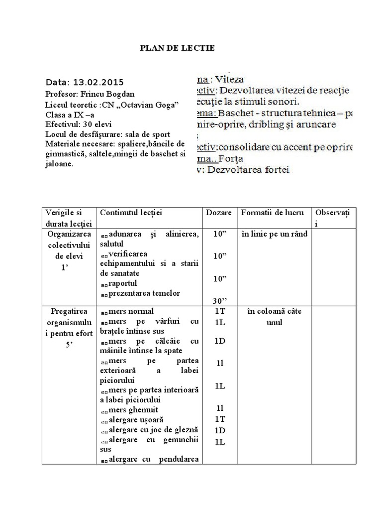 Plan De Lectie Viteza Baschet Forta