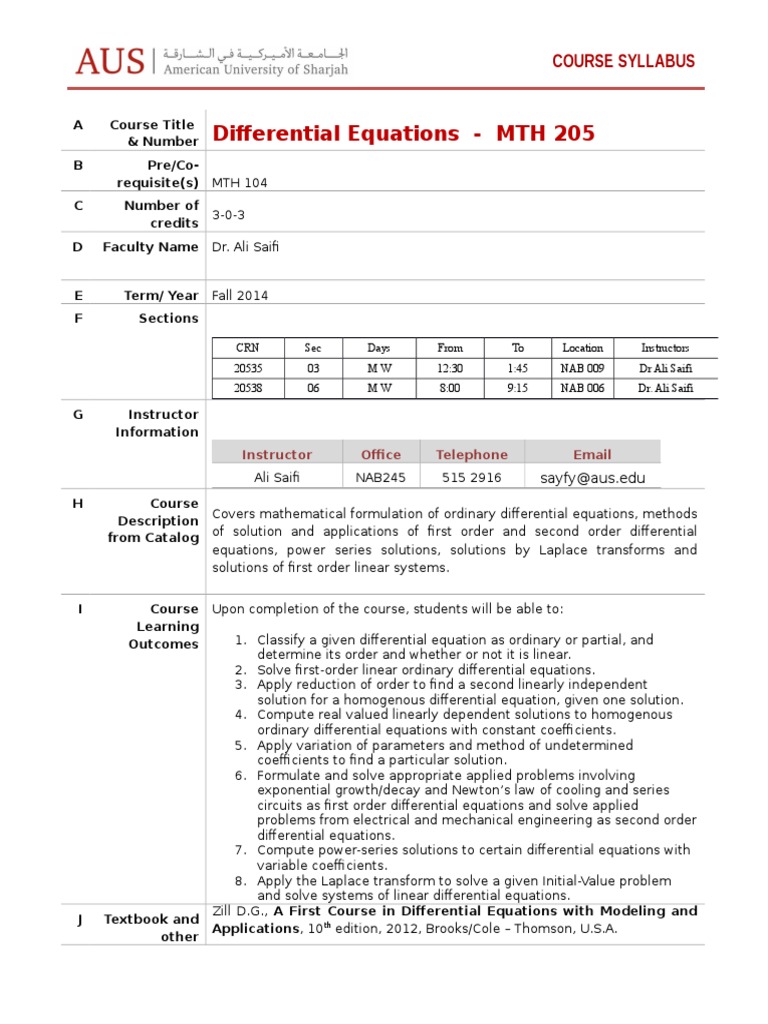 MTH 205 Spring 2015 Syllabus (1) Differential Equations Ordinary Differential Equation