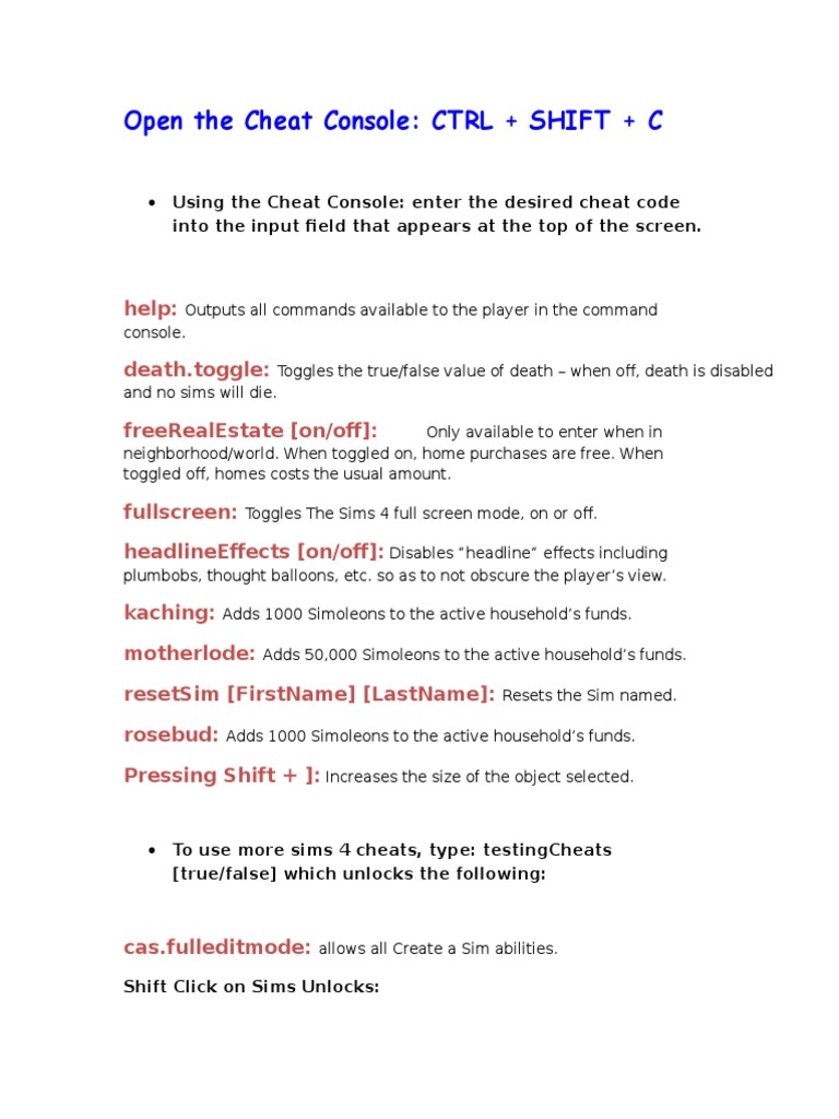 Open The Cheat Console: CTRL + Shift + C: Help: Death - Toggle:  Freerealestate (On/Off), PDF, Cheating In Video Games