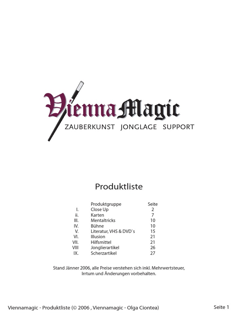 Viennamagic Produktliste1001 Magic Illusion Sports And