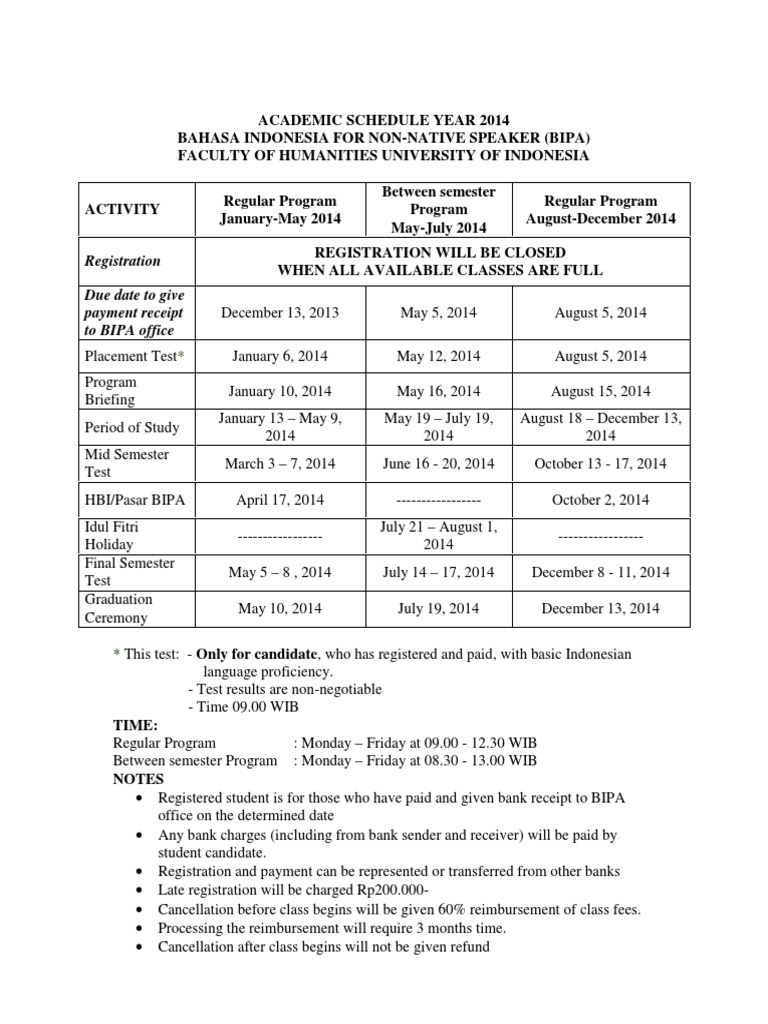 2014 BIPA Indonesian Language Schedule | PDF | Travel | Foreign ...