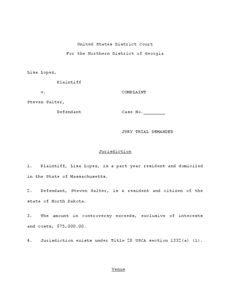 Sample Complaint Draft for Class Negligence Complaint