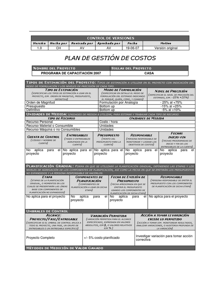 Plan de Gestión de Costos del Proyecto | PDF | Presupuesto | Planificación