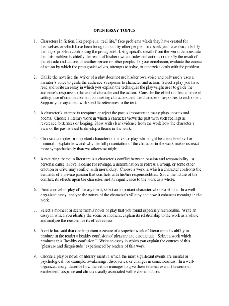 Open Essay Topics Pdf Essays Novelists