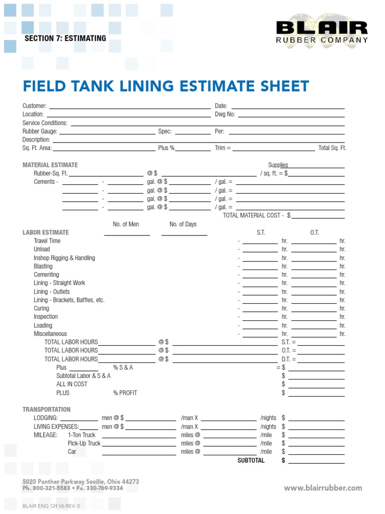 Field Tank Lining Shop Tank Lining Estimate PDF Land Vehicles