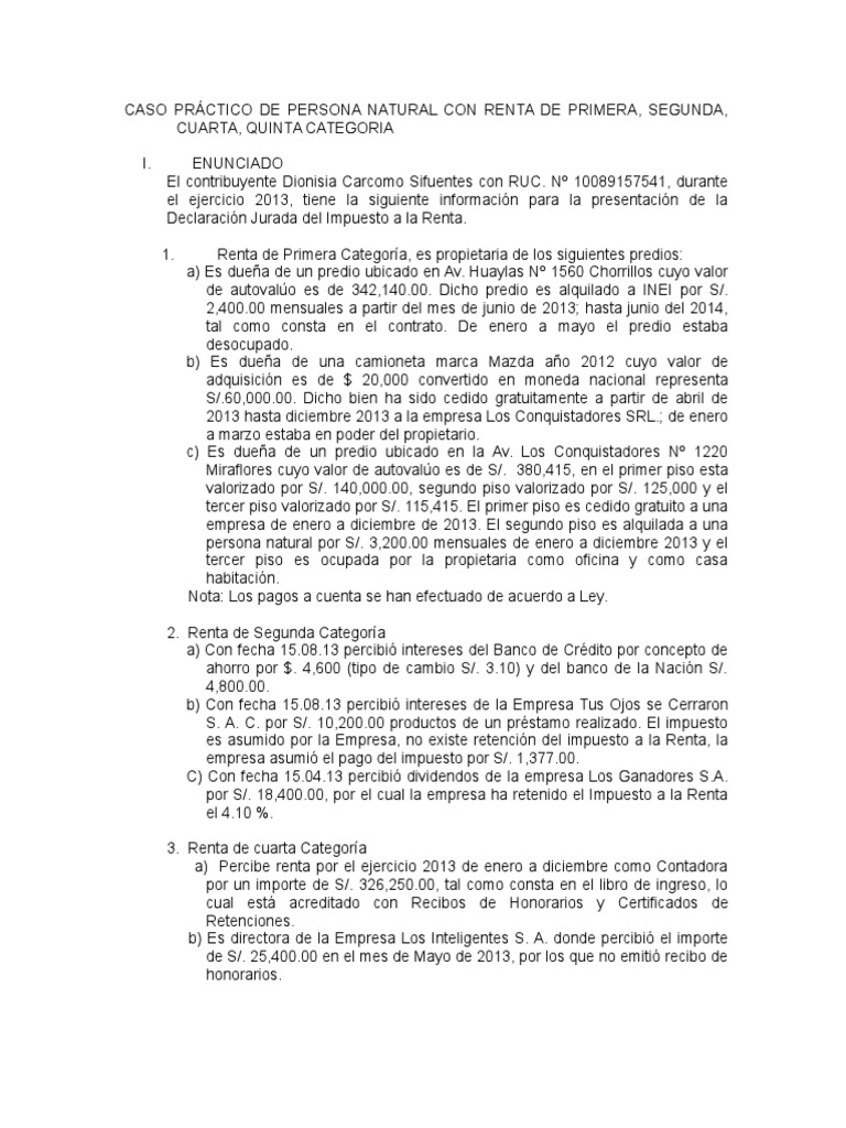 Caso Práctico de Persona Natural Con Renta de Primera | PDF | Impuesto ...