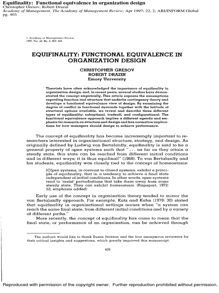Equifinality Functional Equivalence in Organizational Design | PDF ...