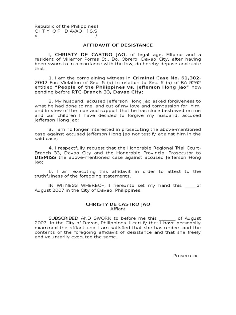Affidavit of Desistance Examples | PDF | Affidavit | Prosecutor