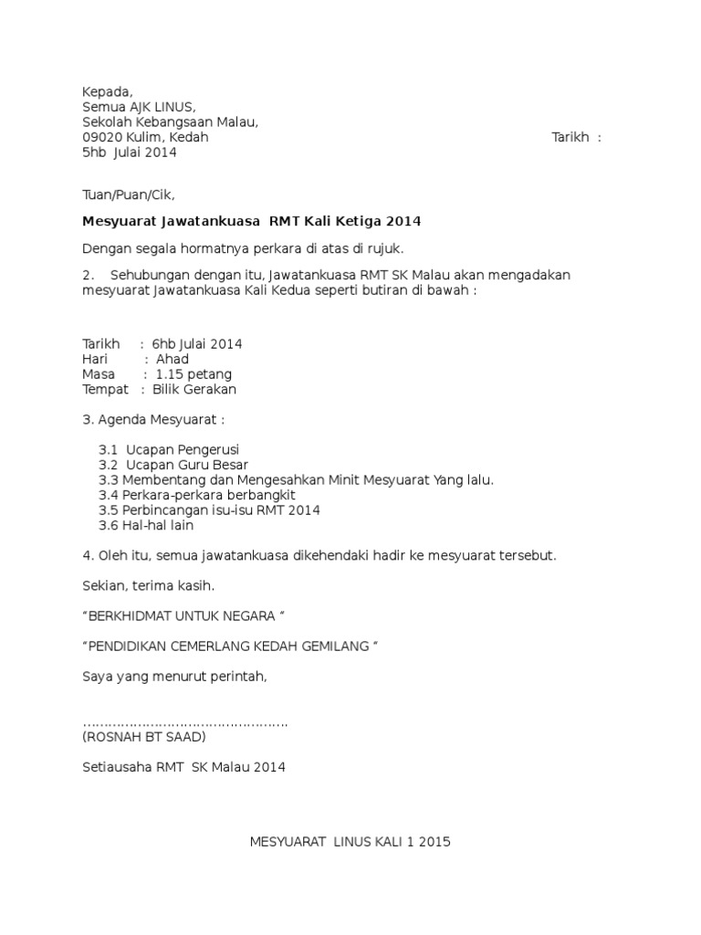 Format Surat Rasmi Panggilan Mesyuarat