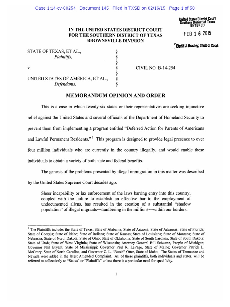 Memorandum Opinion Texas v. United States United States Federal