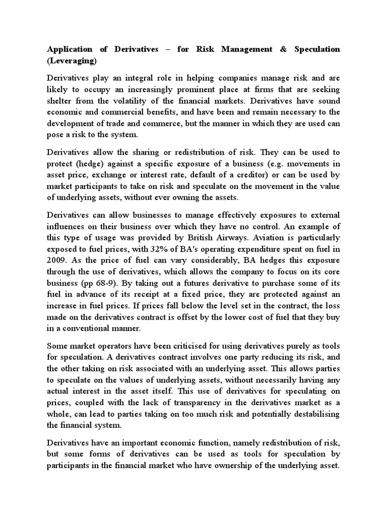 Derivatives Notes PDF Derivative (Finance) Speculation