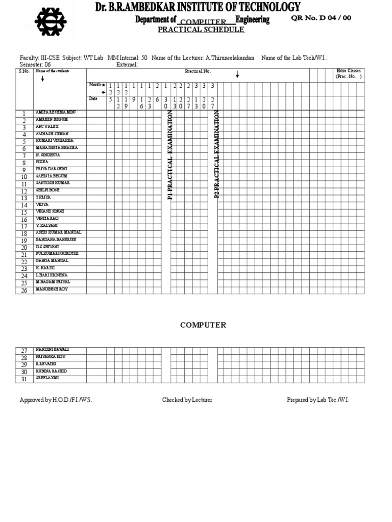 CSE Semester 6 WT Lab Schedule | PDF