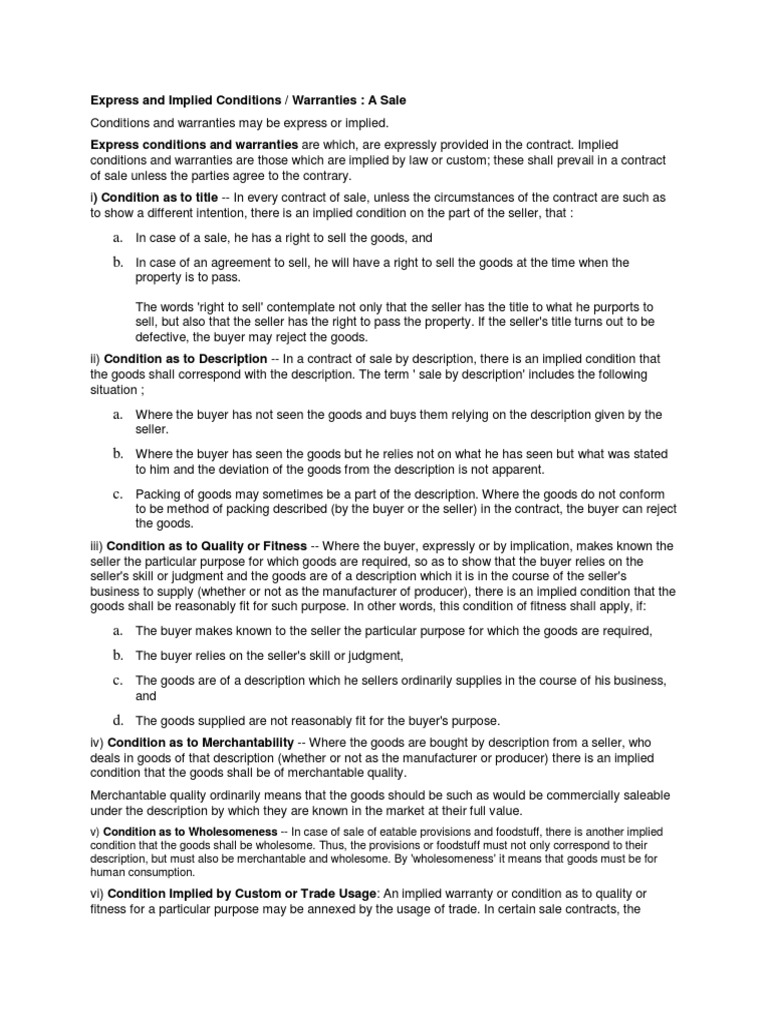 Conditions and Warranty in Business Law for PGDIB Implied Warranty