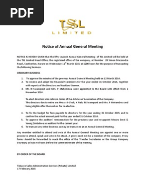TSL - Notice of Annual General Meeting