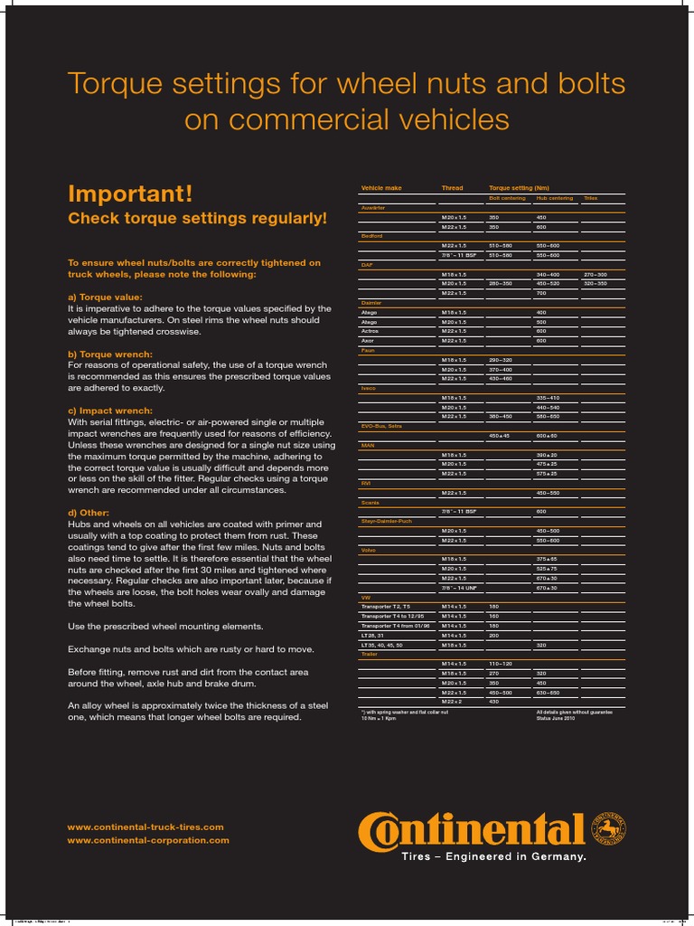 Truck Wheel Nut Torque Settings Guide | PDF | Wheel | Torque