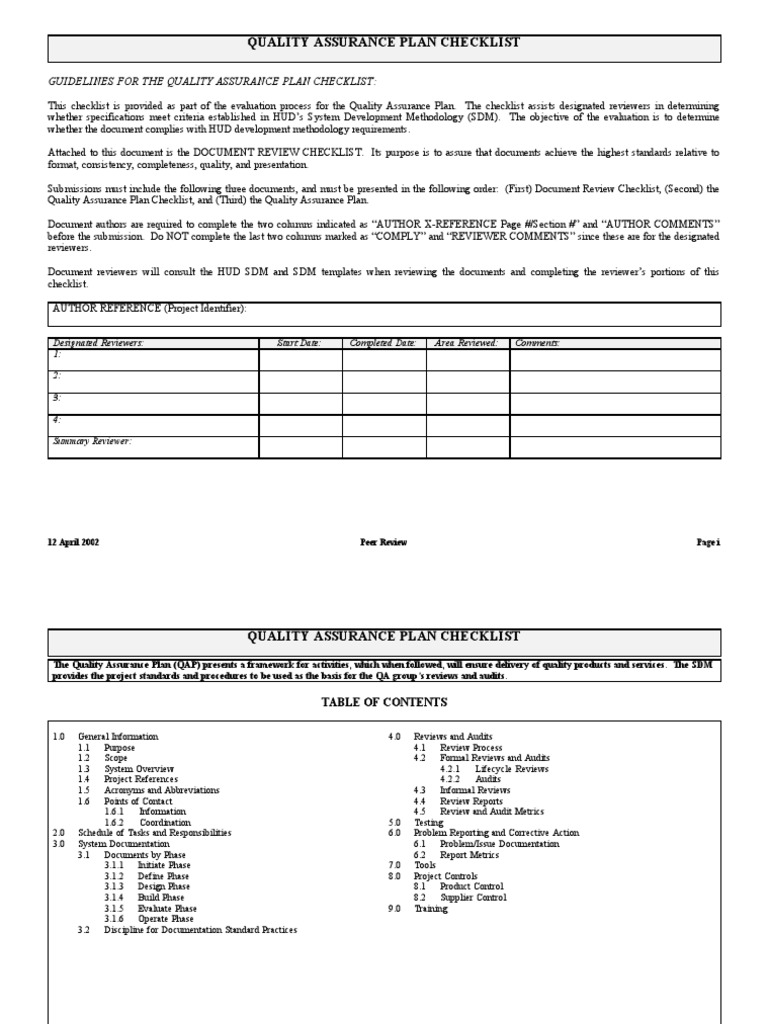 Quality Assurance Plan Checklist | PDF | Quality Assurance ...
