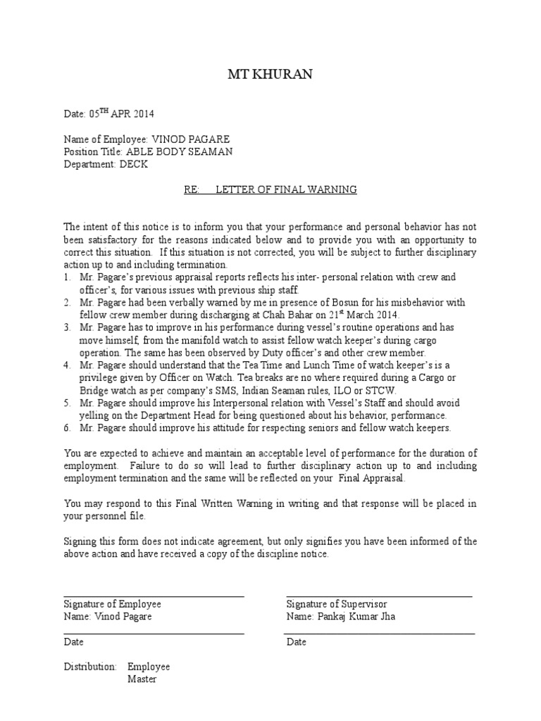 Final Warning Letter for Vinod Pagare | PDF | Career & Growth | Business