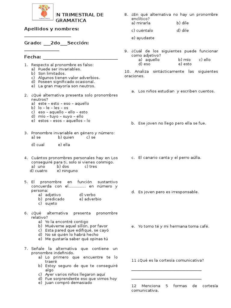 Examen Trimestral de Gramática y Literatura | PDF | Don Quijote | Verbo