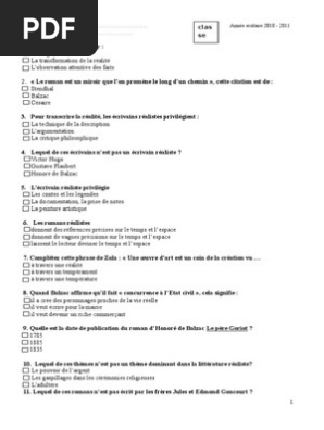 Qcm Realisme Naturalisme Lycee