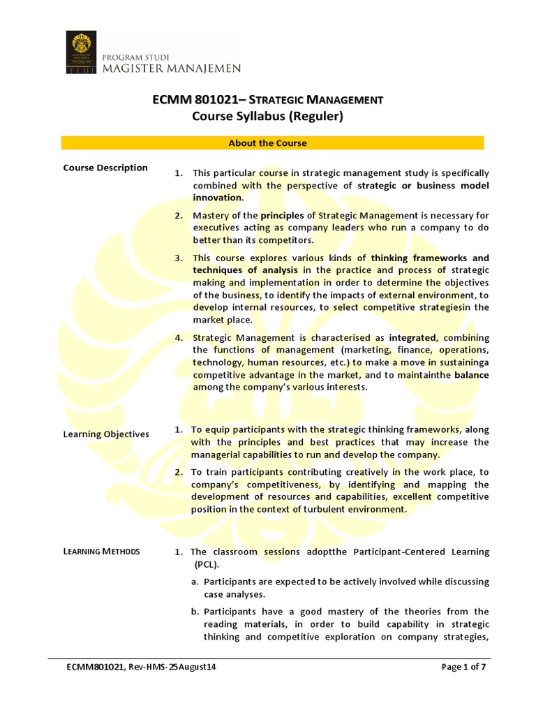 Strategic Management Course Syllabus | PDF | Strategic Management ...
