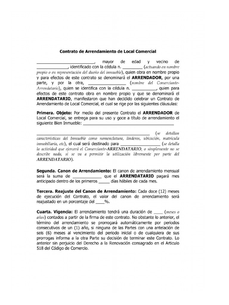 [Word] Modelo Contrato de Arrendamiento de Local Comercial