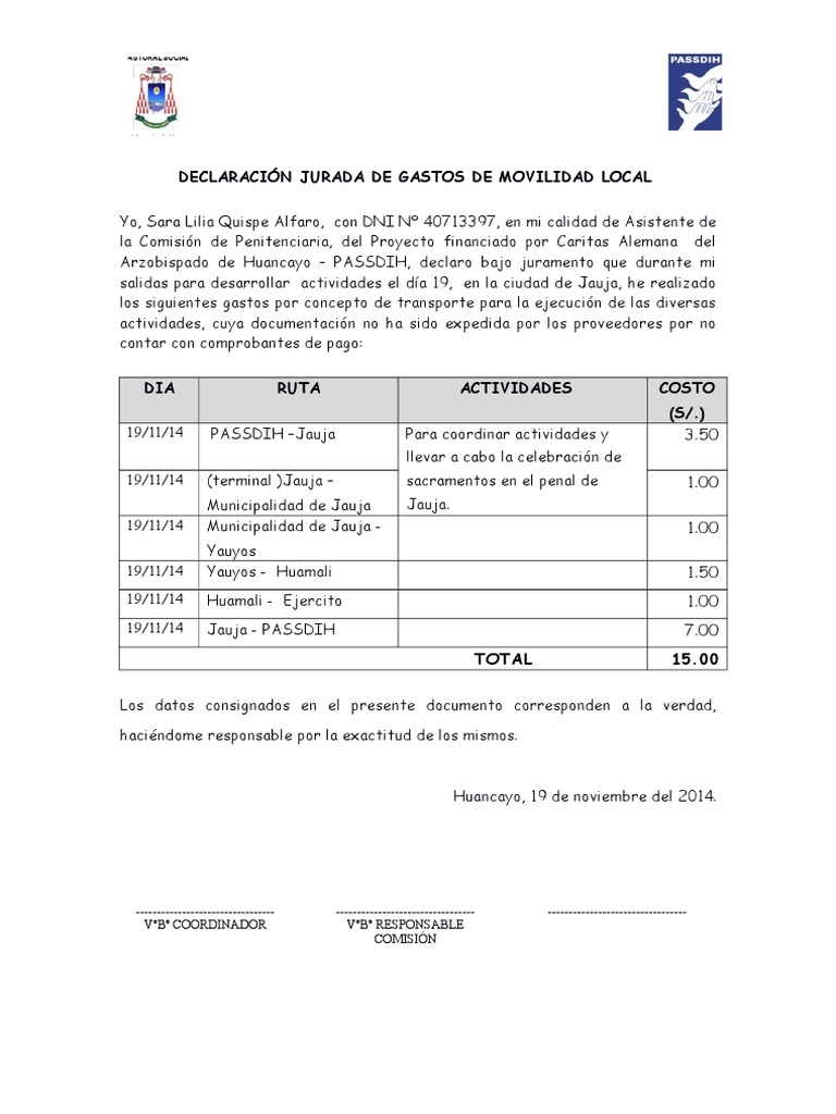 Declaracion Jurada de Gastos de Movilidad Local Sara | PDF | Business