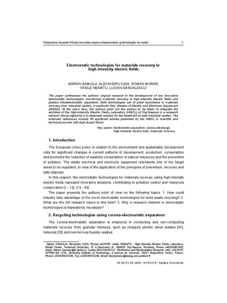 Electrostatic Technologies for Waste Recycling | PDF | Electrostatics ...