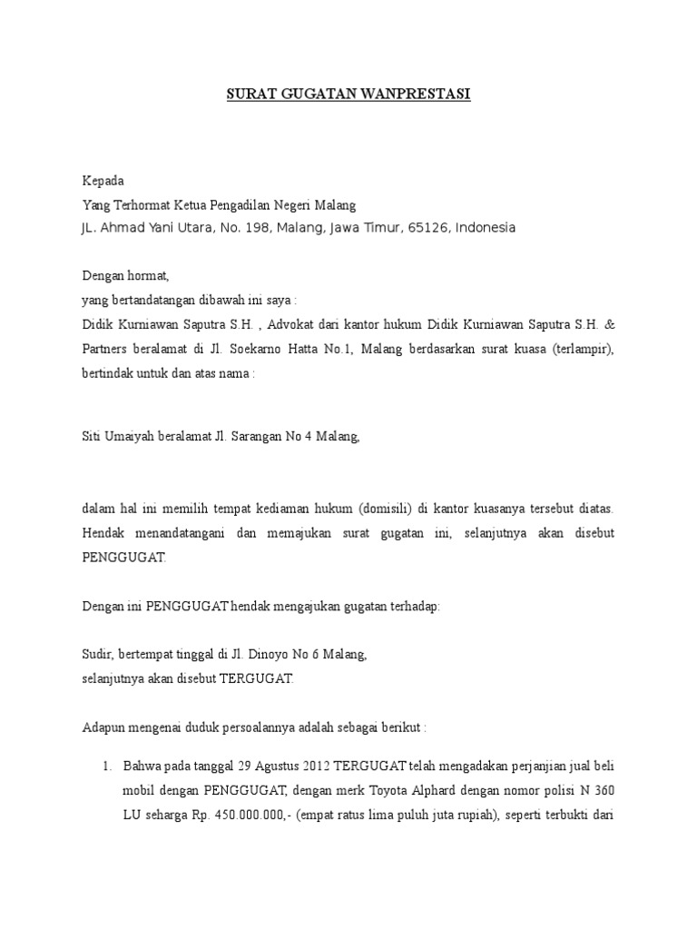 Contoh Surat Gugatan