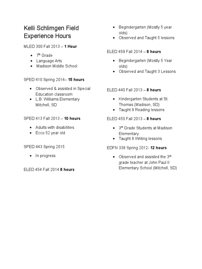 Field Experience Hours | PDF | Language Arts & Discipline | Foreign ...