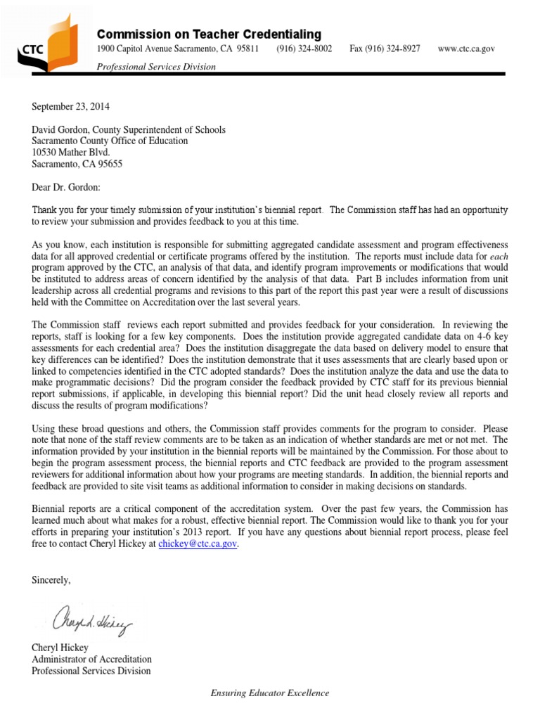 ctc feedback biennial report 2014 and ctc letter to supt Educational