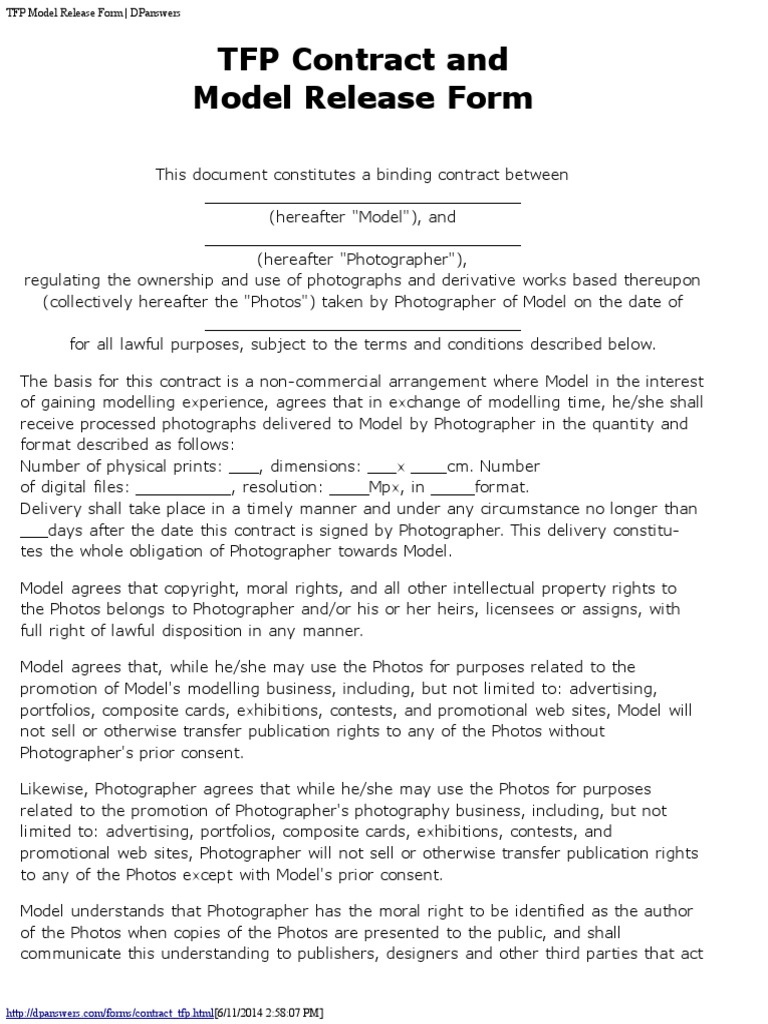 TFP Model Release Form - DPanswers | PDF | Photograph | Consent